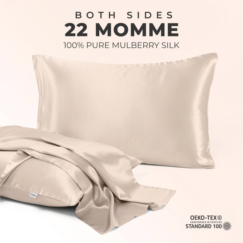 LOOMBERRY 100% Pure Mulberry Silk Pillowcase for Hair and Skin, 6A Grade 22 Momme Silk Pillow Cases with Zipper, Soft Cooling Washable Both Sided Silk Pillow Cover (Beige, Queen 20''x30'') - Image 2